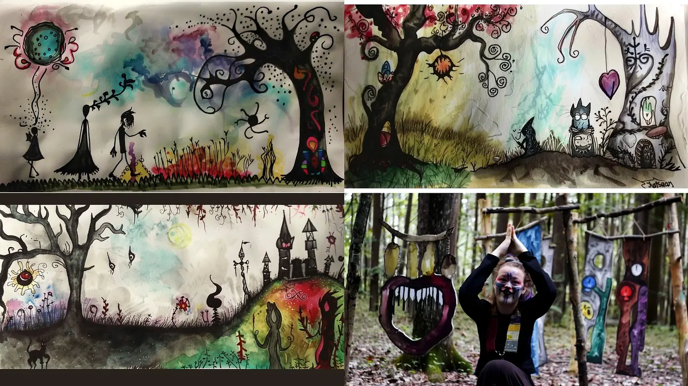 Whimsical Fantasy: An Artistic Blend of Storybook and Surrealist Imagery - Midjourney sref style