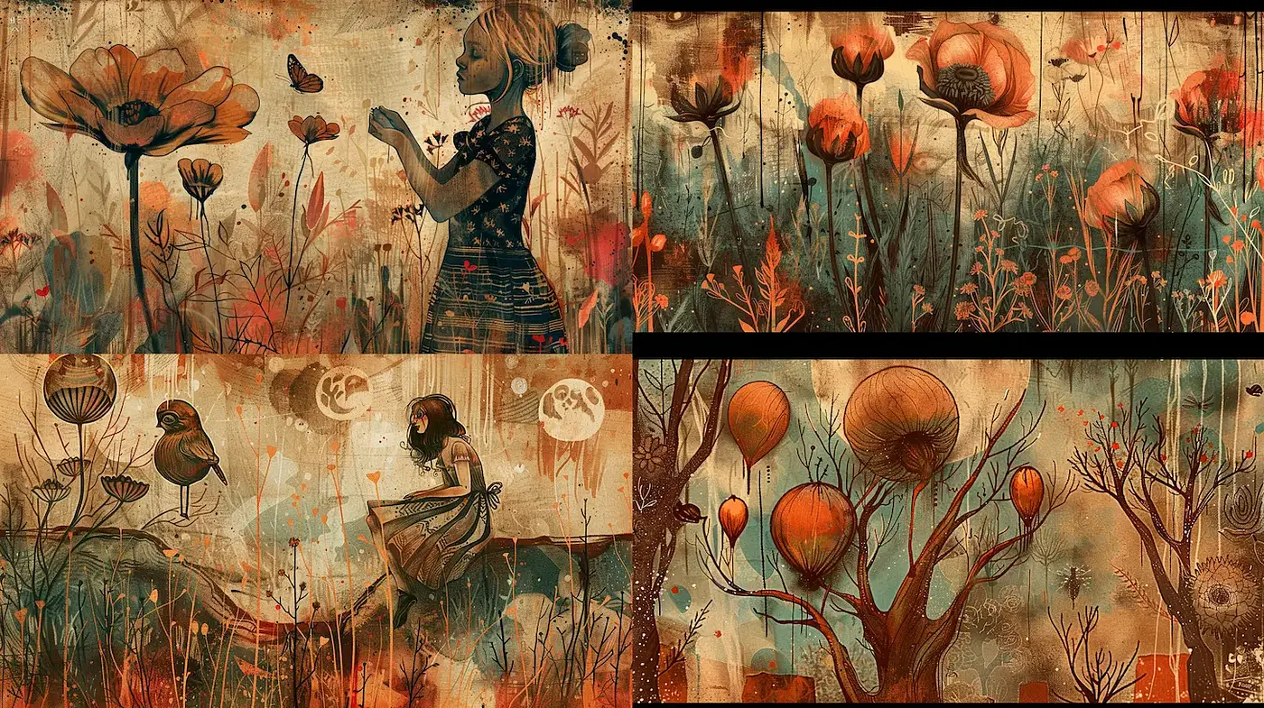 Whimsical Illustrations with Organic Elements and Earthy Tones - Midjourney sref style