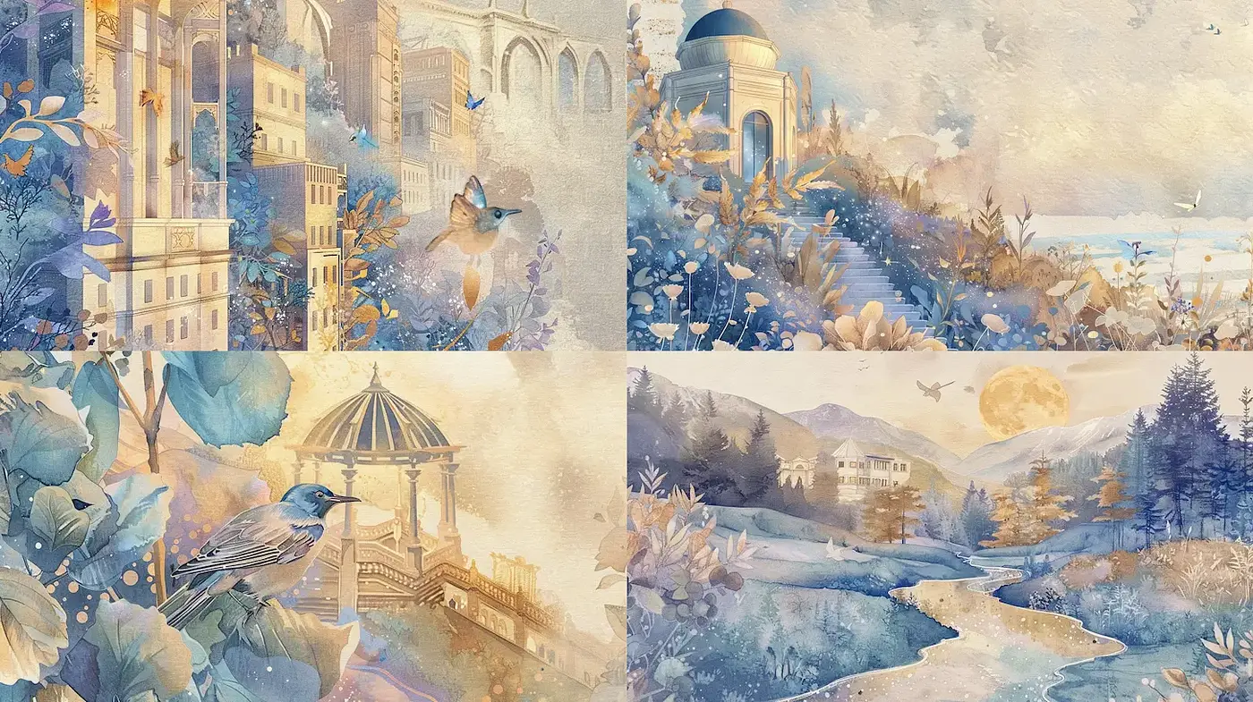 Elegant watercolor landscapes with harmonious natural elements and serene compositions - Midjourney sref style