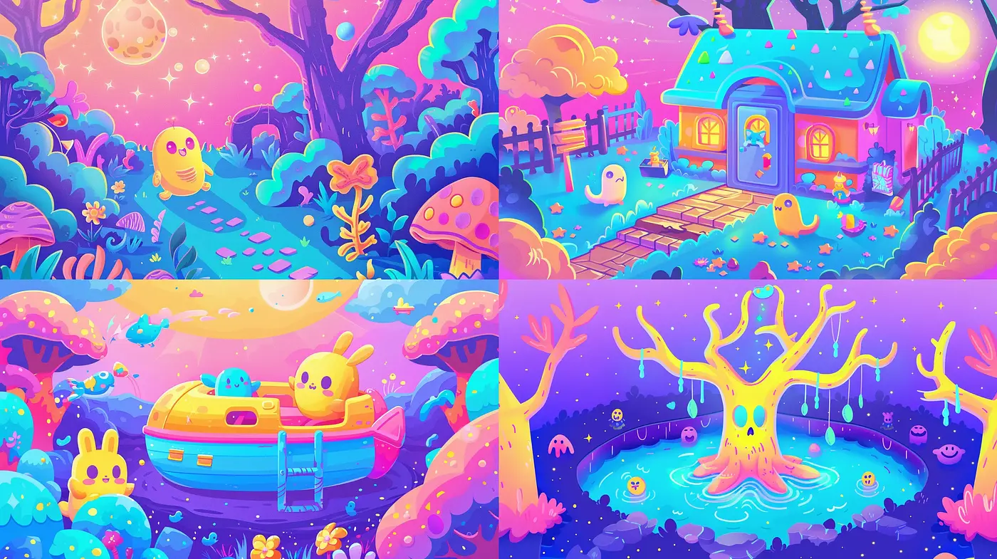 Whimsical Neon Dreamscape Fusion - Midjourney sref style