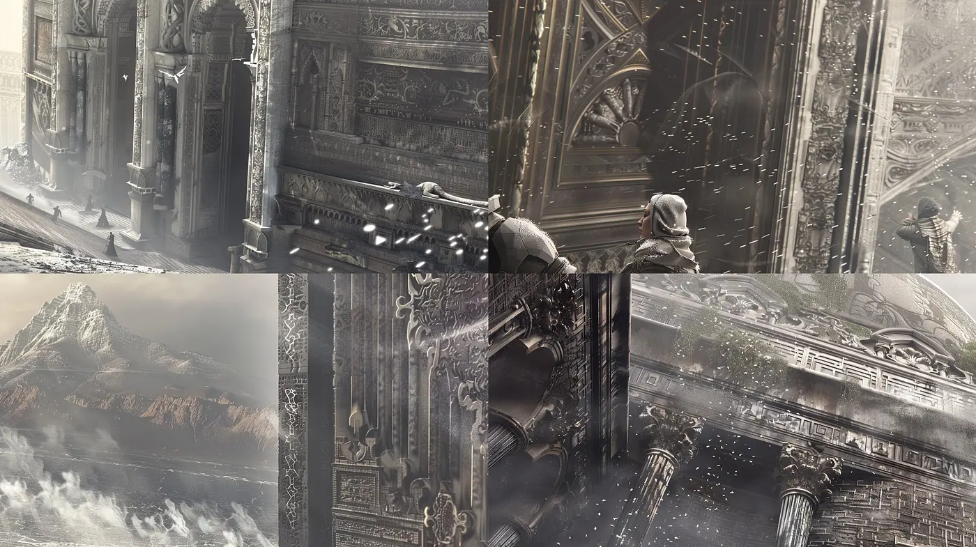 Ethereal Monoliths: An Ode to Atmospheric Grandeur in Sepia Tones - Midjourney sref style