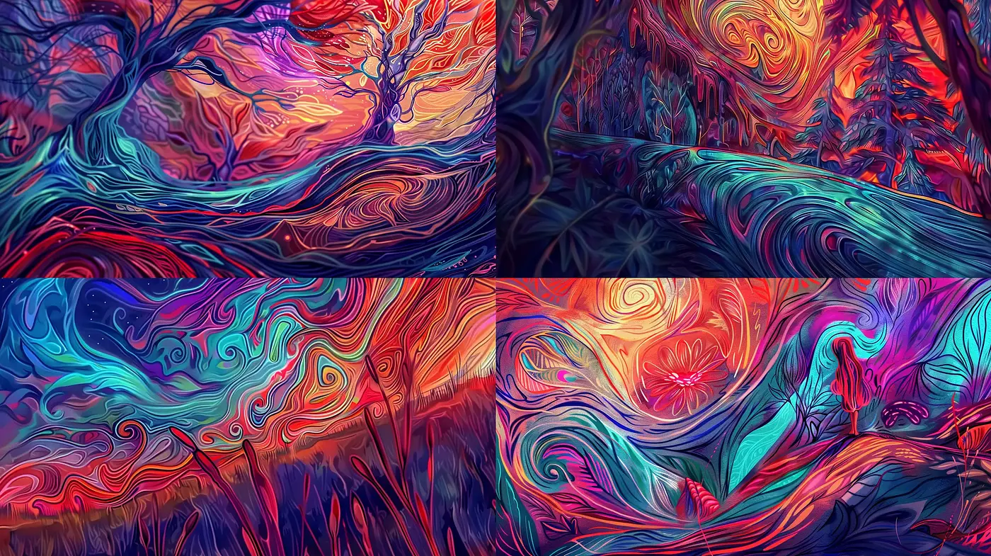 Surreal Fluid Dreamscapes: A Meld of Vibrant Swirls and Organic Forms - Midjourney sref style