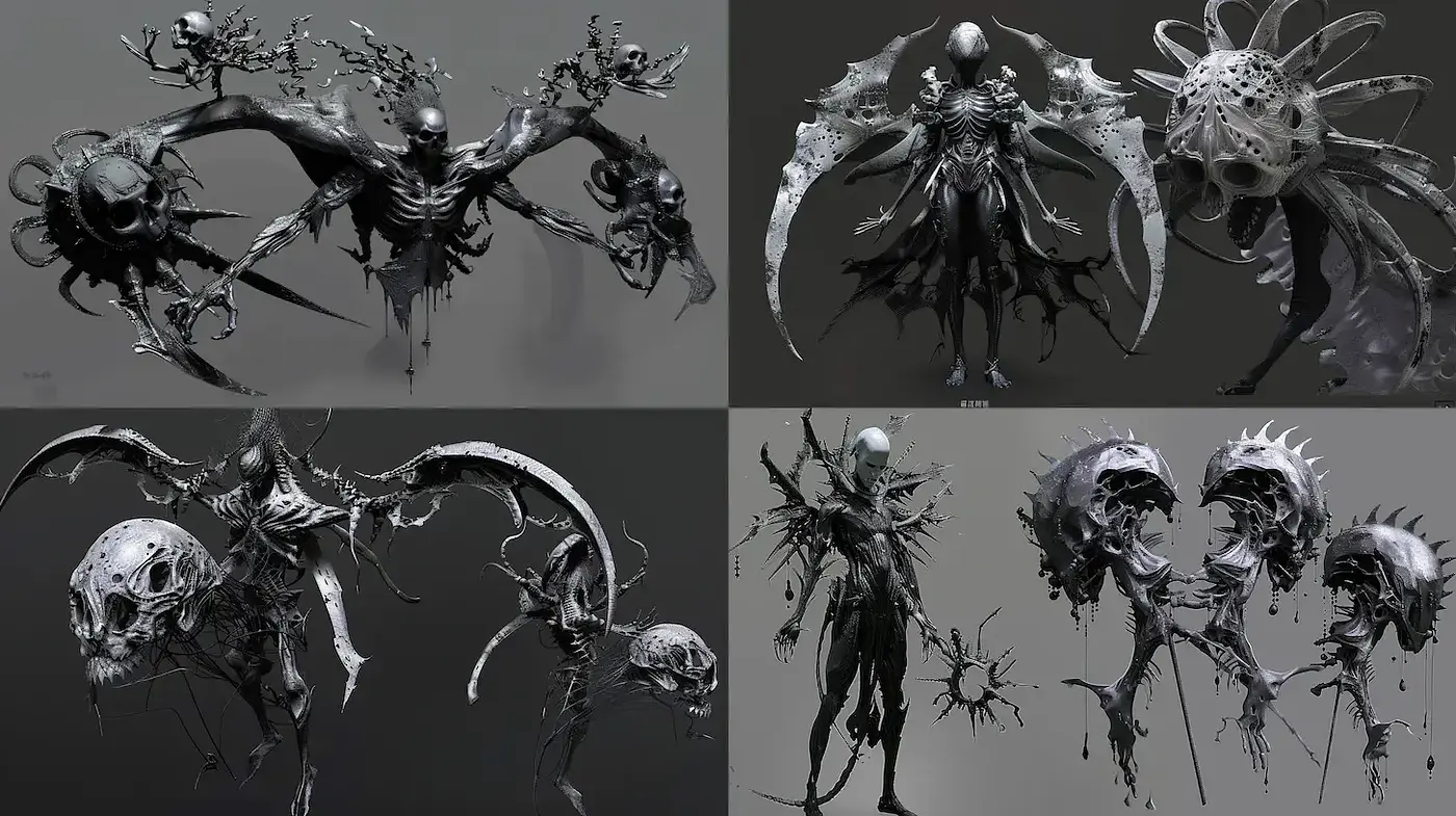Dark Surrealism with Intricate Organic Forms and Monochromatic Palette - Midjourney sref style