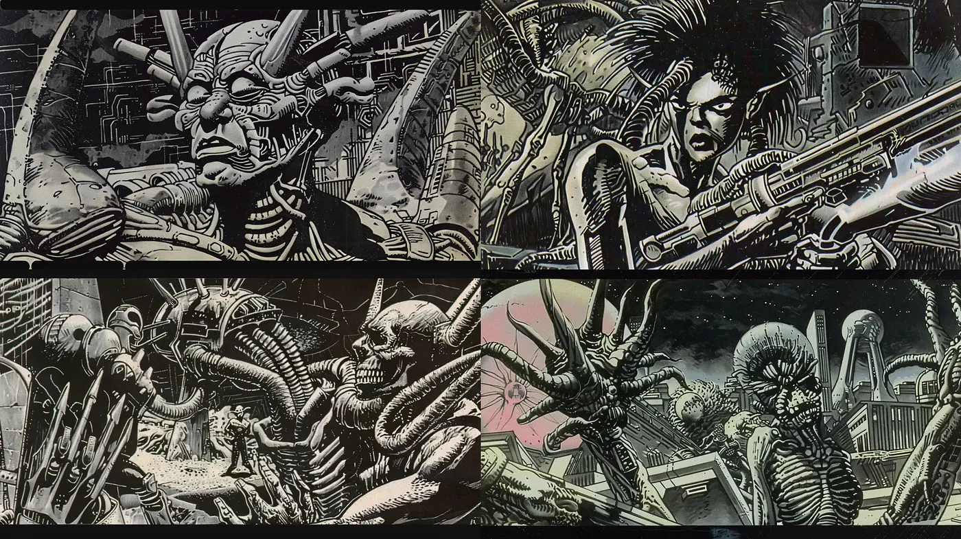 Gritty Dystopian Nightmare: A Homage to H.R. Giger's Biomechanical Universe - Midjourney sref style