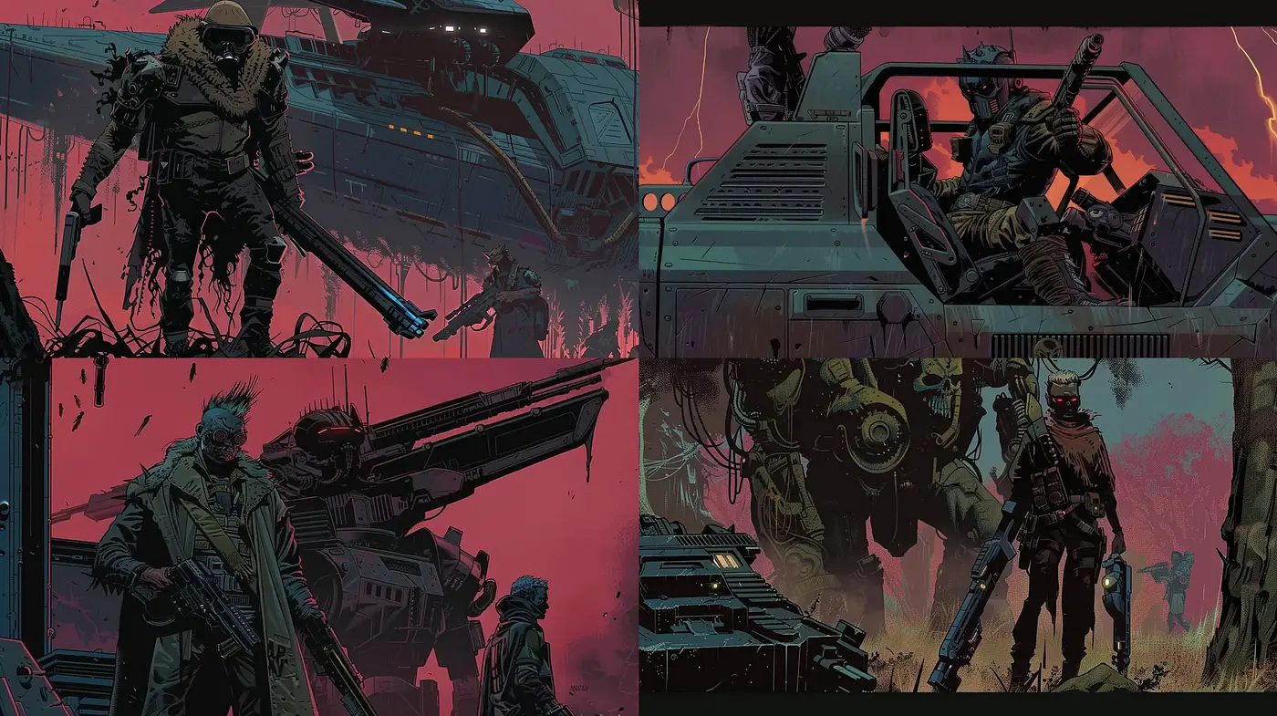 Dystopian Crimson Afterglow: A Gritty Sci-Fi Artistic Synthesis - Midjourney sref style