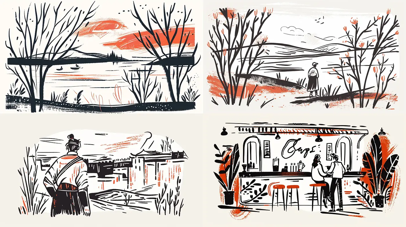 Stylized Monochromatic Sketches with Rustic Red Highlights - Midjourney sref style