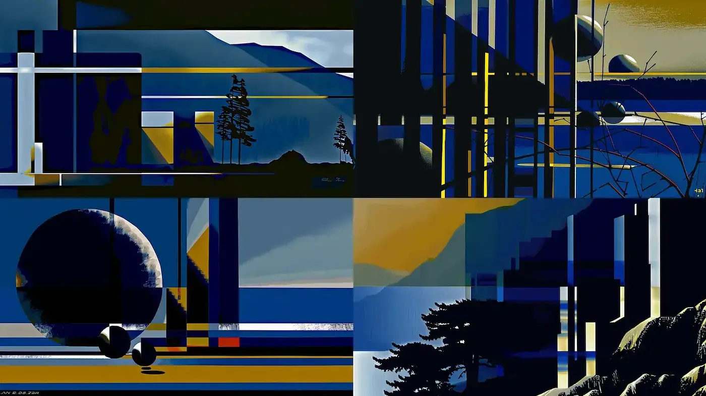Abstract geometric landscapes with a surreal atmosphere and cool tones - Midjourney sref style