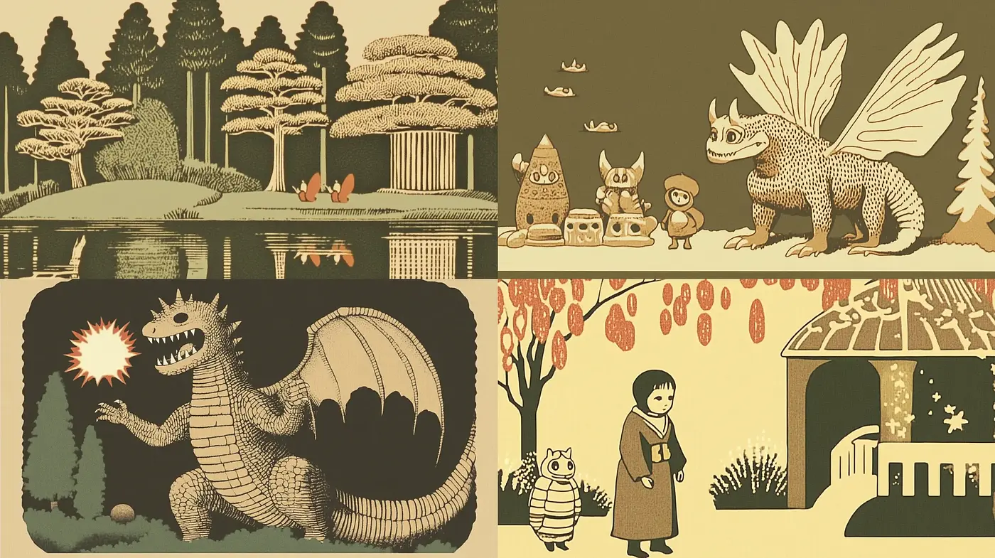 Whimsical Storybook Illustration with a Vintage Sepia Overlay - Midjourney sref style