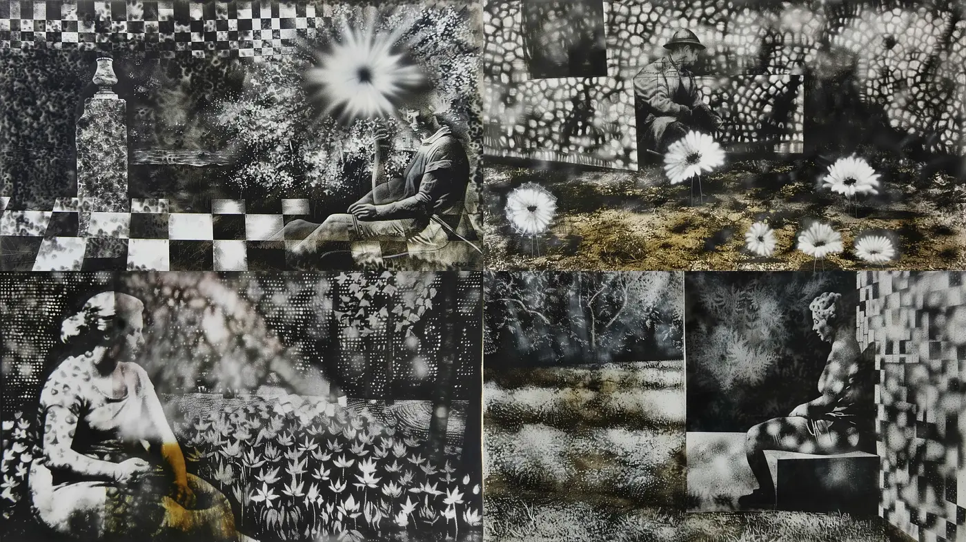 Monochrome Mosaic Dreamscape - Midjourney sref style