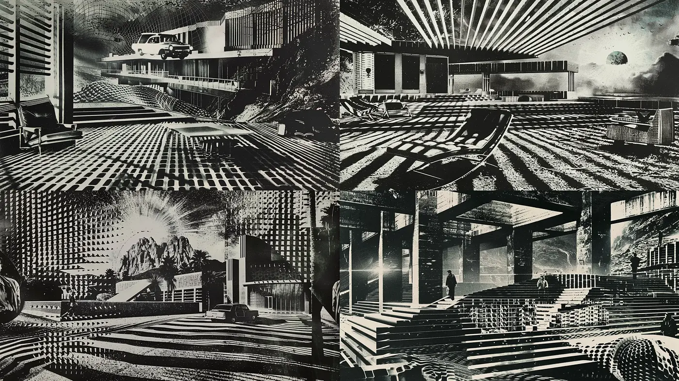 Monochromatic Retrofuturistic Dreamscape - Midjourney sref style