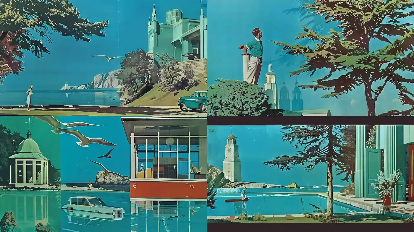 Exploration of Mid-Century Modern Aesthetics through Lush Scenery and Bold Colors - Midjourney sref style