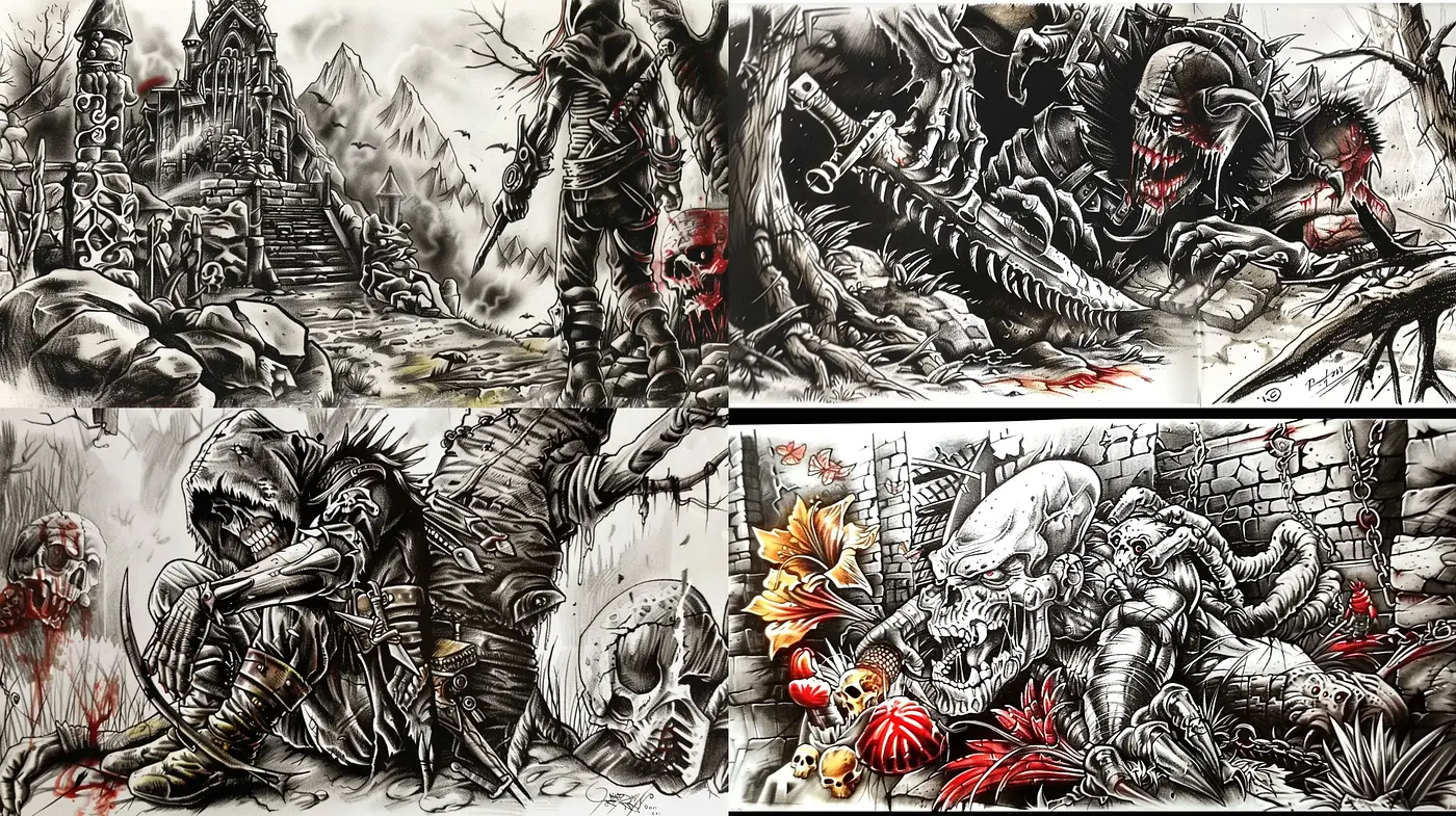 Gritty Monochrome Fantasia with Surreal Horrors - Midjourney sref style
