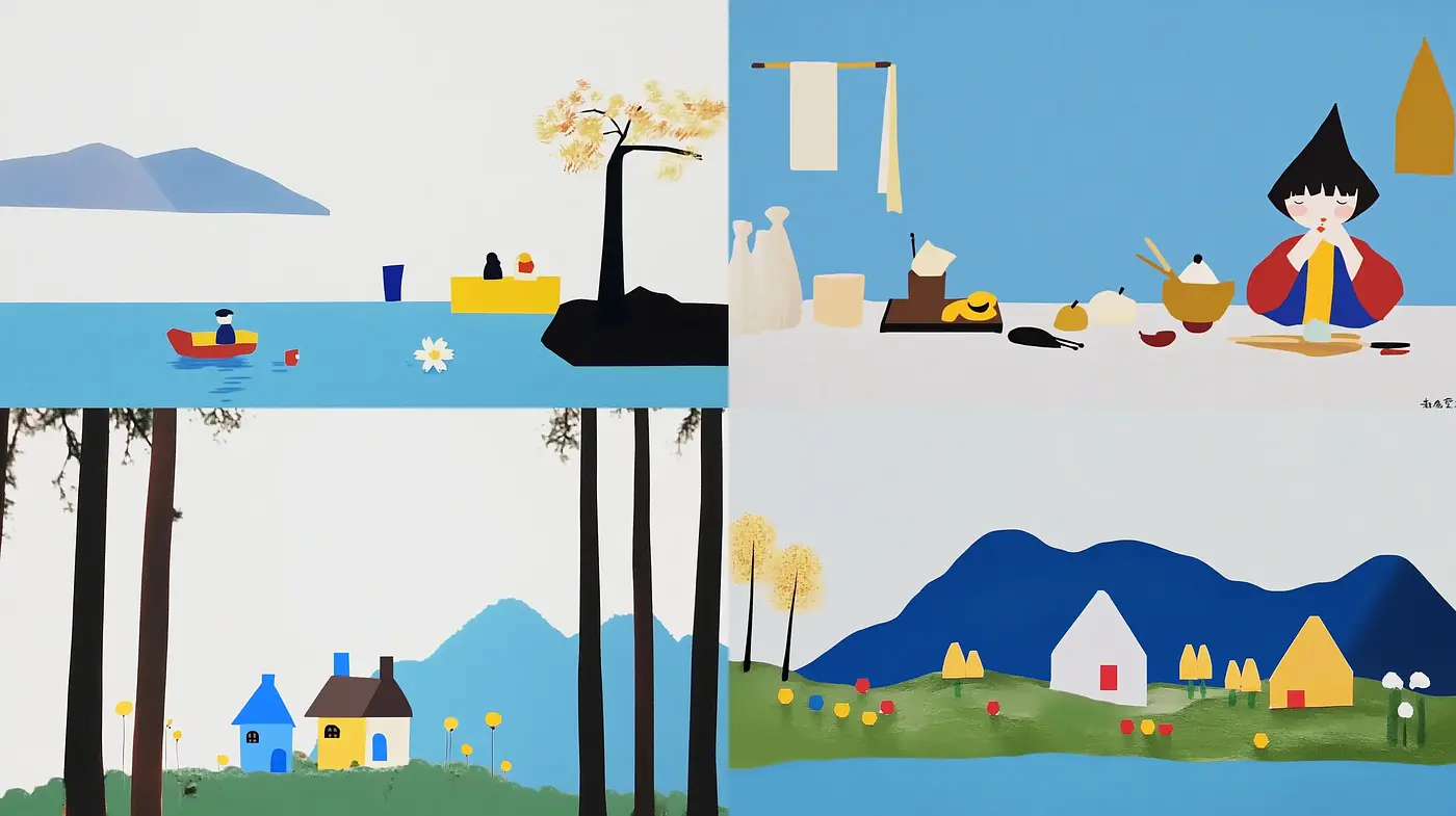 Serene Simplicity: A Fusion of Folk Art and Flat Design - Midjourney sref style
