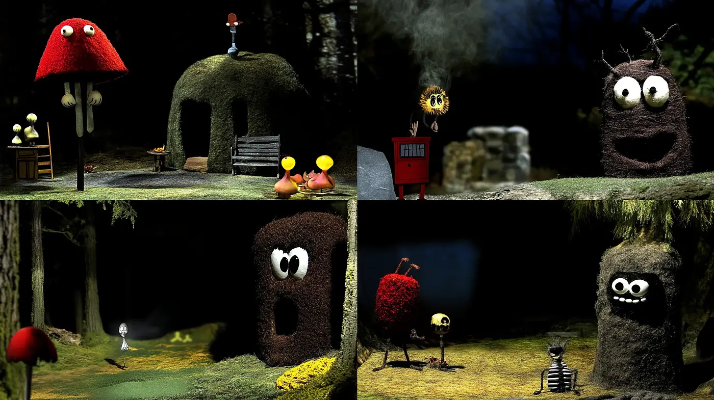 Enigmatic Whimsy in Textured Darkness: A Study in Chiaroscuro and Surreal Character Design - Midjourney sref style