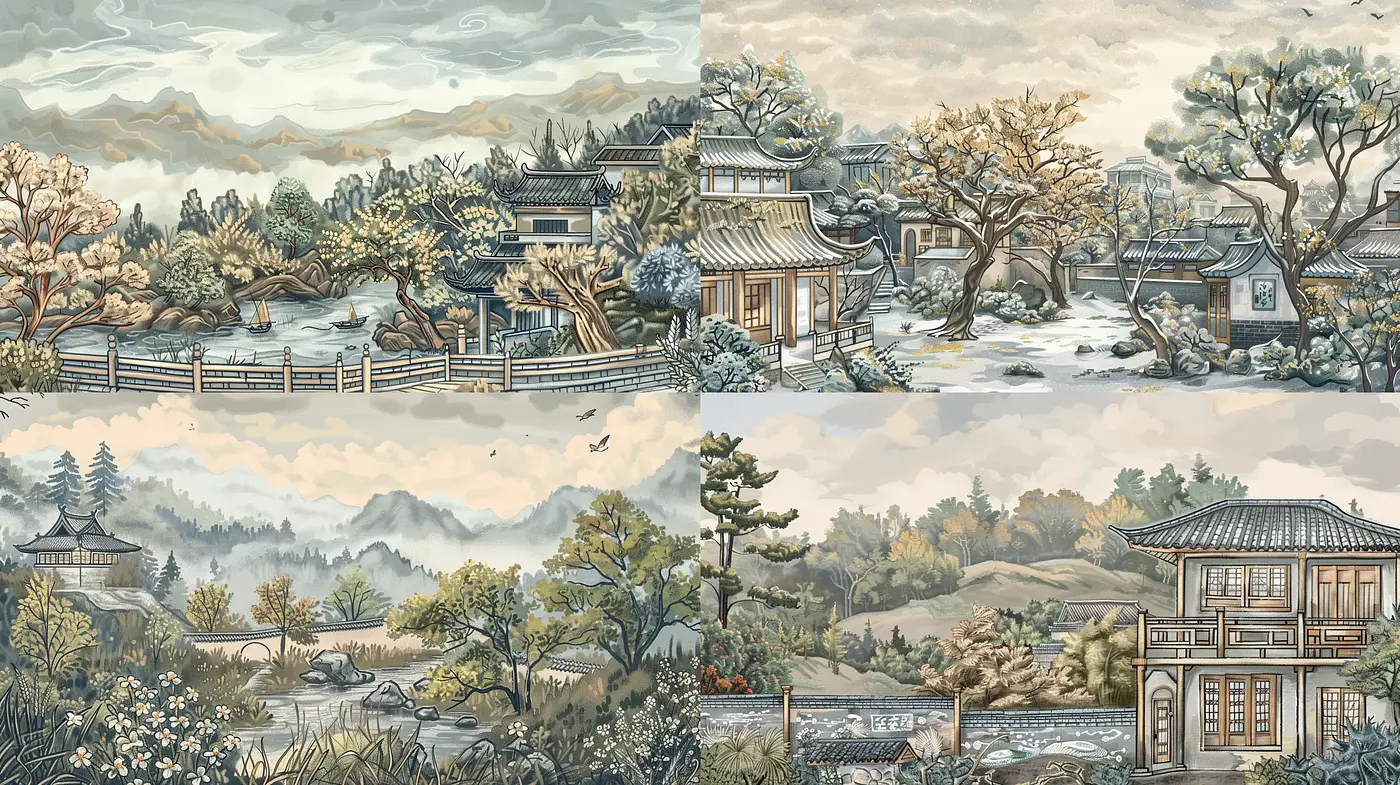 Tranquil East Asian Ink Wash Panorama with Pastel Embellishments - Midjourney sref style