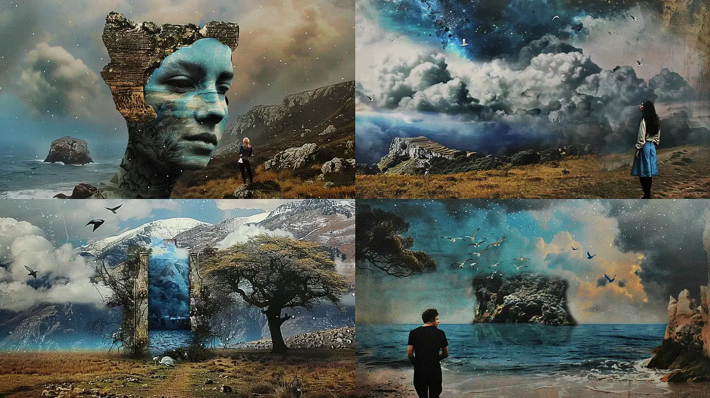 Ethereal Dreamscape Montage: A Fusion of Natural Elegance and Surrealism - Midjourney sref style