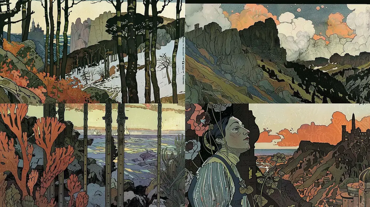 Art Nouveau Inspired Scenic Illustrations with Textured Elements - Midjourney sref style