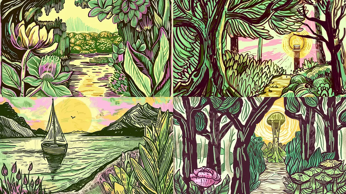 Whimsical Nature Illustration with Vibrant Textures and Bold Lines - Midjourney sref style