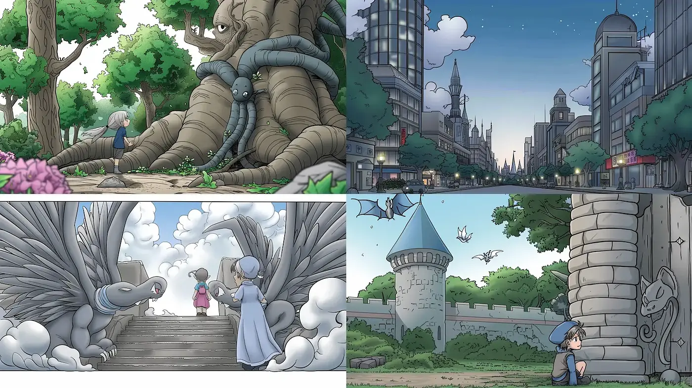 Whimsical, fantasy-inspired cartoon with a detailed urban and natural blend - Midjourney sref style