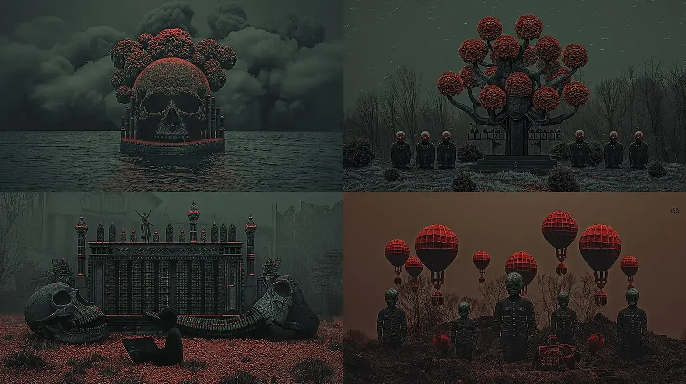 Mysterious and macabre surrealism with a haunting atmosphere - Midjourney sref style