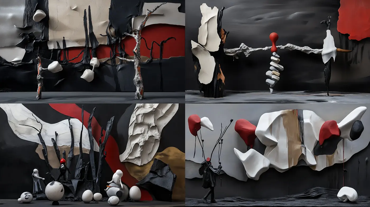 Surrealist Tactile Synthesis: A Moody Exploration in Monochrome and Crimson - Midjourney sref style
