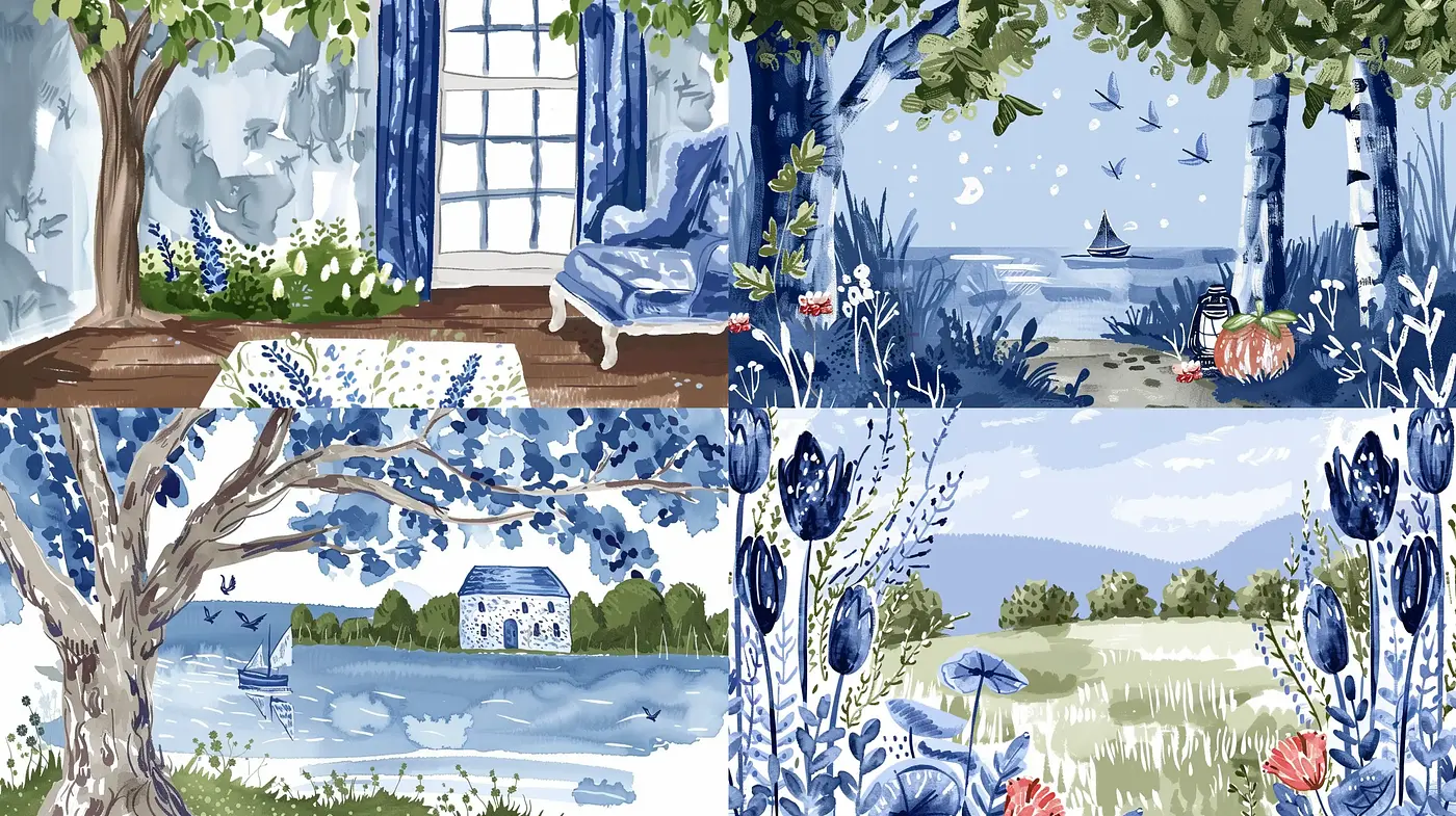 Serene Blue Countryside Watercolor Serenade - Midjourney sref style