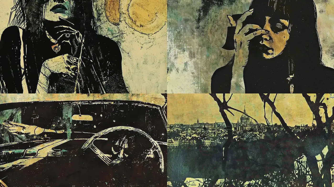 Dark, moody vintage style with graphic textures and a cinematic influence - Midjourney sref style