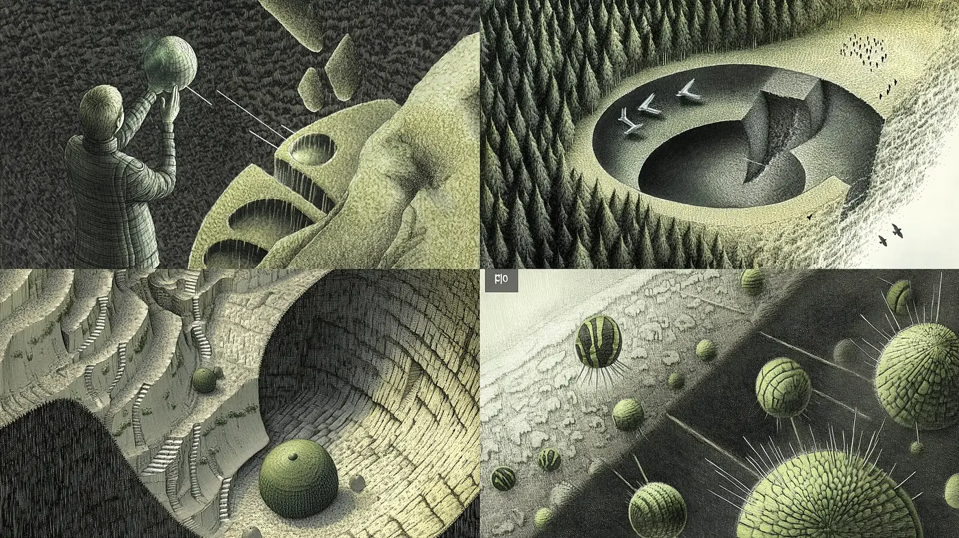 Escheresque Dreamscape of Surreal Architectures and Infinite Patterns - Midjourney sref style