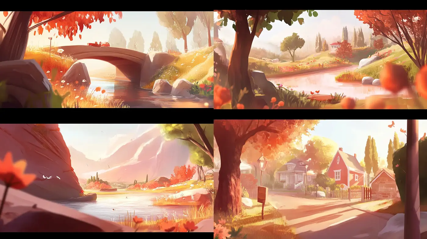 Sunlit Pastoral Dreamscapes: A Serene Harmony of Nature and Village Life - Midjourney sref style