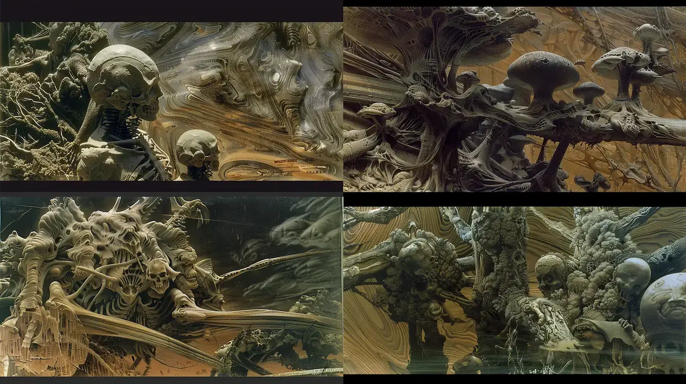 Surrealistic skeletal landscapes with organic textures and dark tones - Midjourney sref style