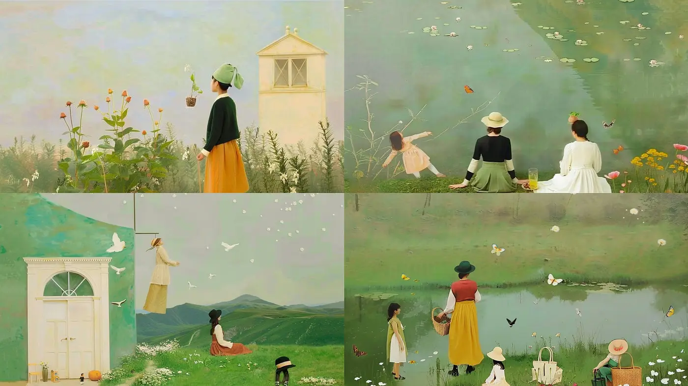 Serene Pastoral Dreamscapes with Soft Palette and Poetic Nostalgia - Midjourney sref style