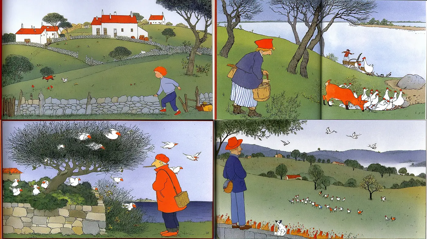 Charming pastoral narrative illustrations with whimsical characters and serene landscapes - Midjourney sref style