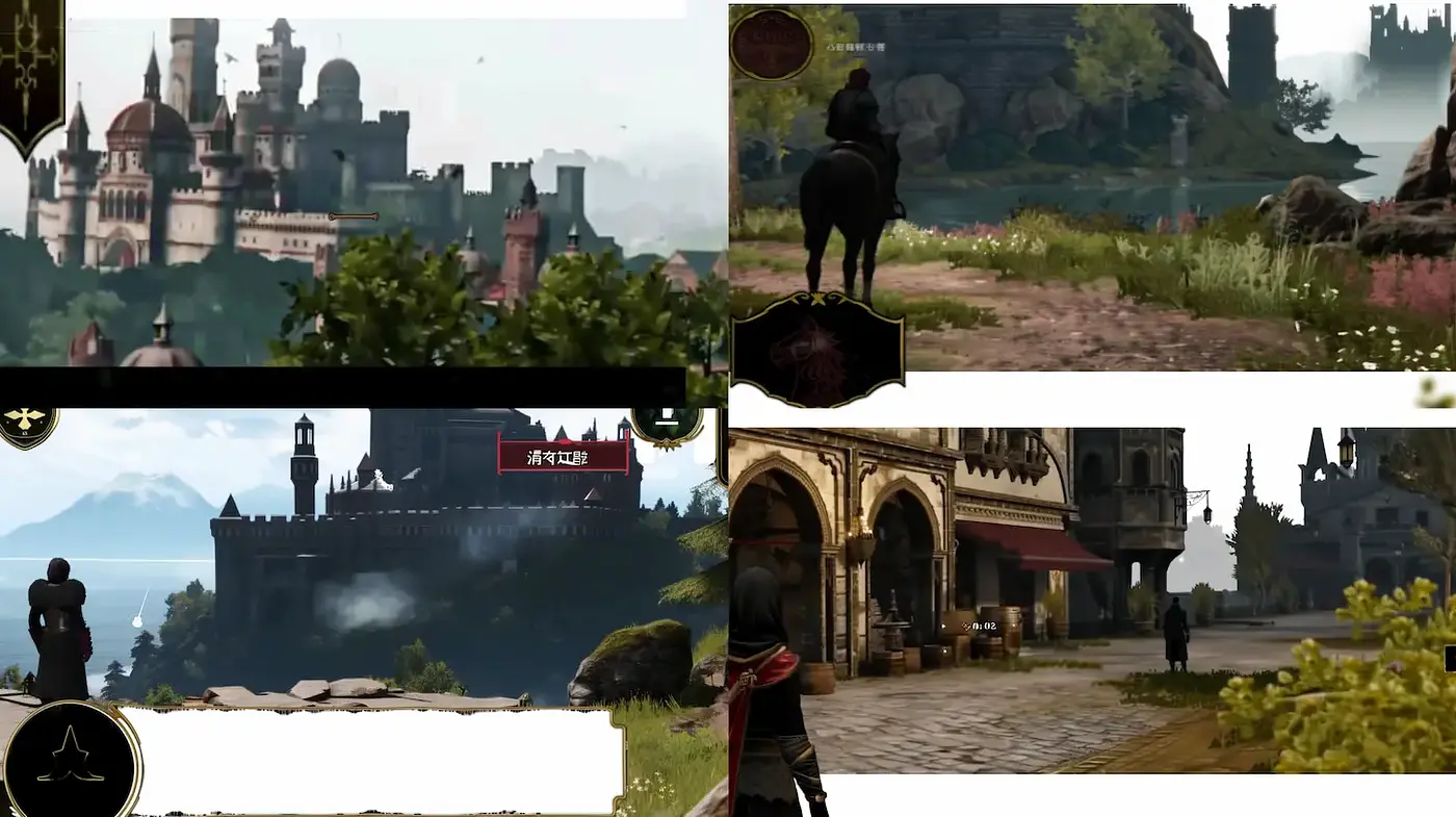 Epic fantasy landscapes with a blend of medieval architecture and lush environments - Midjourney sref style