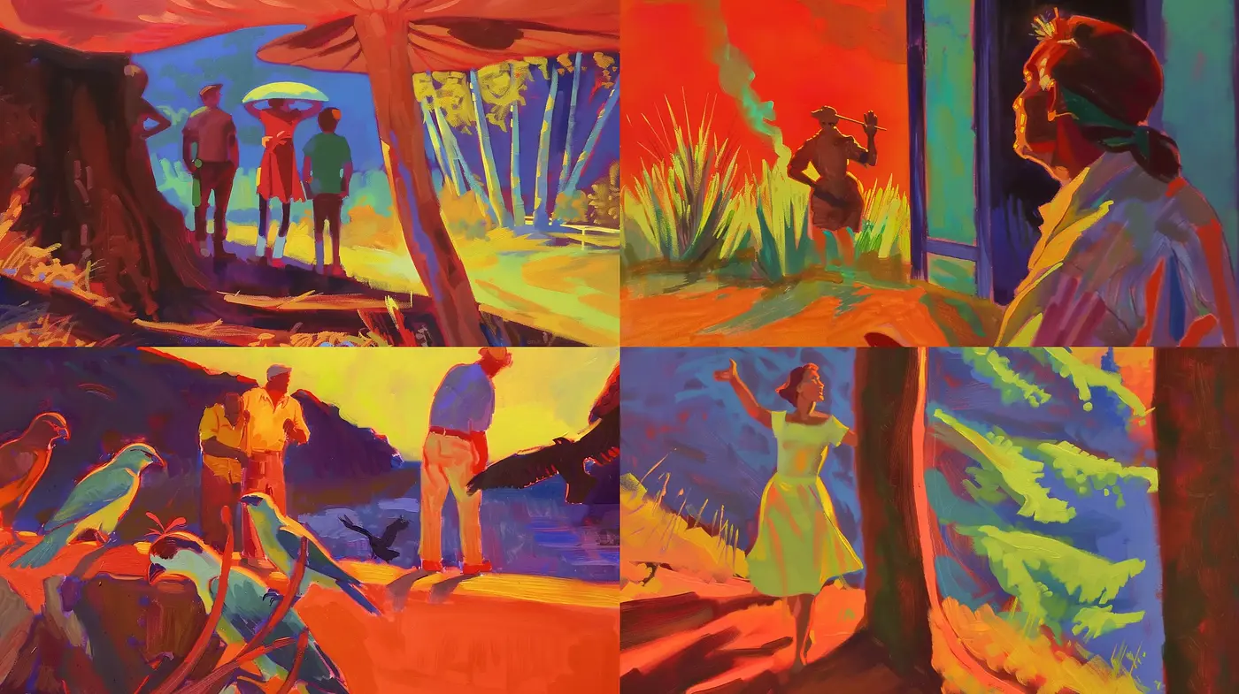 Saturated Hues of Twilight: Vivid Interpretations of Nature and People - Midjourney sref style