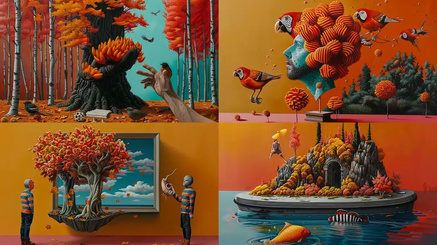 Surreal Autumnal Dreamscape with Vibrant Fauna and Flora - Midjourney sref style