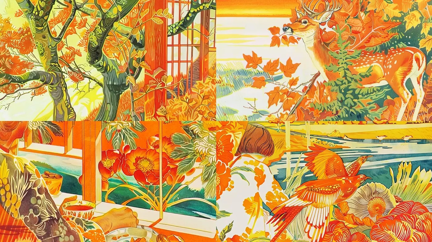 Autumnal Nature Tapestry in Vibrant Art Nouveau Illustration Style - Midjourney sref style