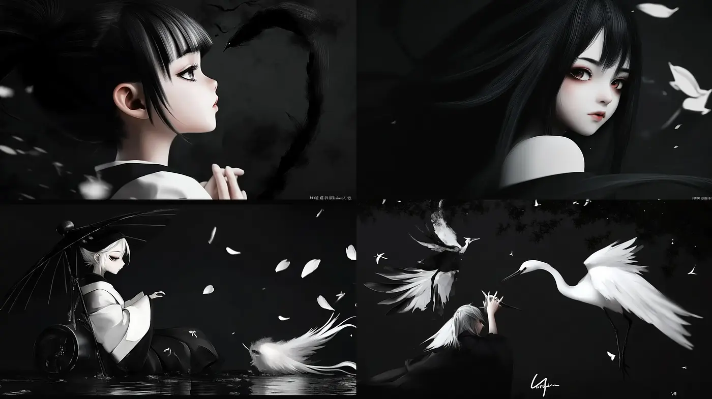 Monochromatic Elegance in Stylized Anime Portraiture - Midjourney sref style