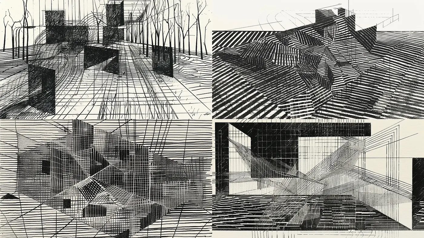 Monochromatic Linear Abstraction in Contemporary Digital Illustration - Midjourney sref style