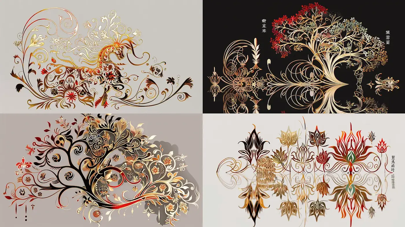 Intricate Ornamental Designs Inspired by Nature with a Fluid Aesthetic - Midjourney sref style