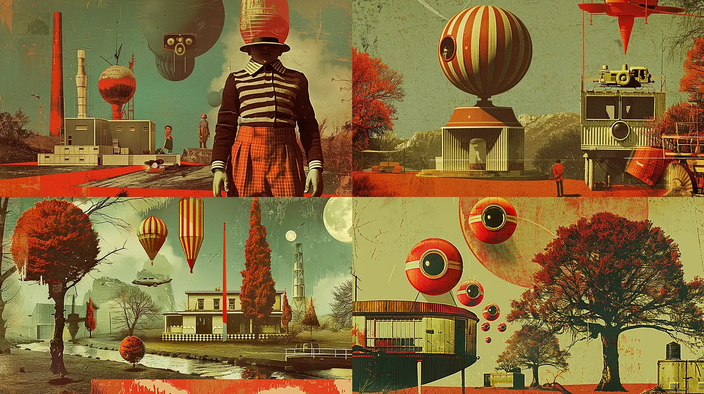 Surreal Retrofuturistic Collage with Industrial Undertones - Midjourney sref style