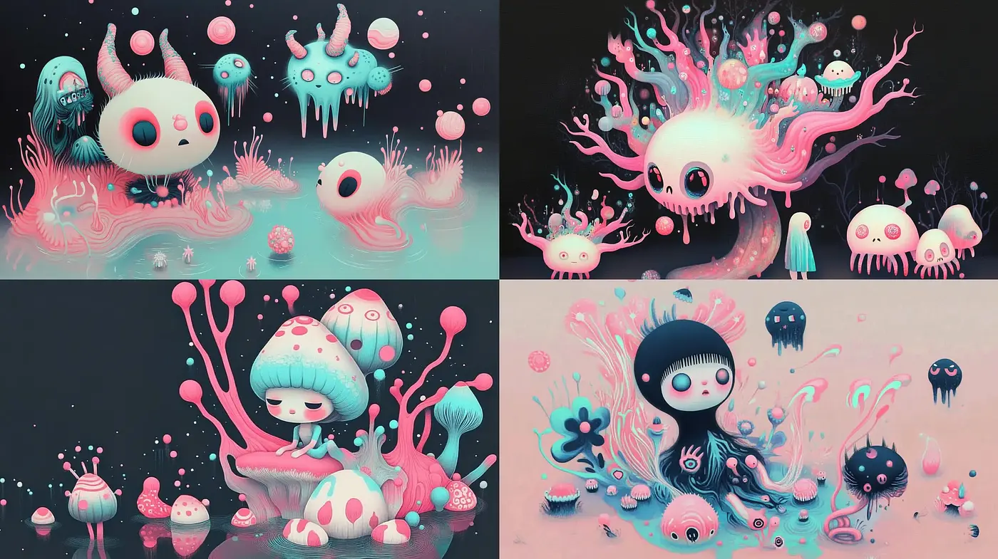 Whimsical Aquatic Dreamscape in Surrealist Candy Tones - Midjourney sref style