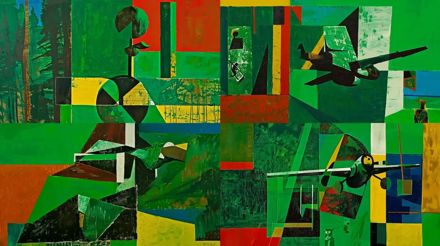 Vibrant geometric abstraction infused with movement and nature - Midjourney sref style