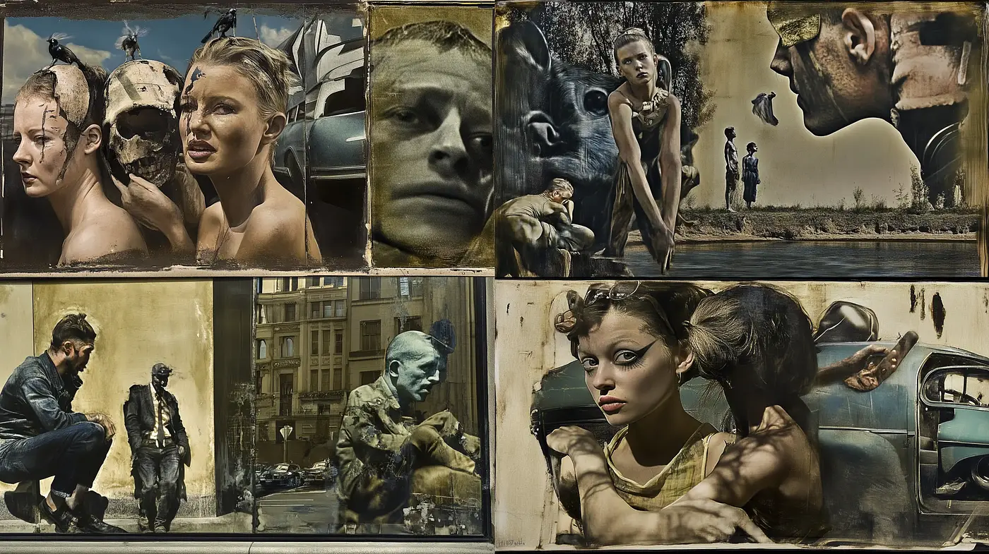 Surreal Nostalgic Dreamscape: An Evocative Blend of Photorealism and Aged Cinematography - Midjourney sref style