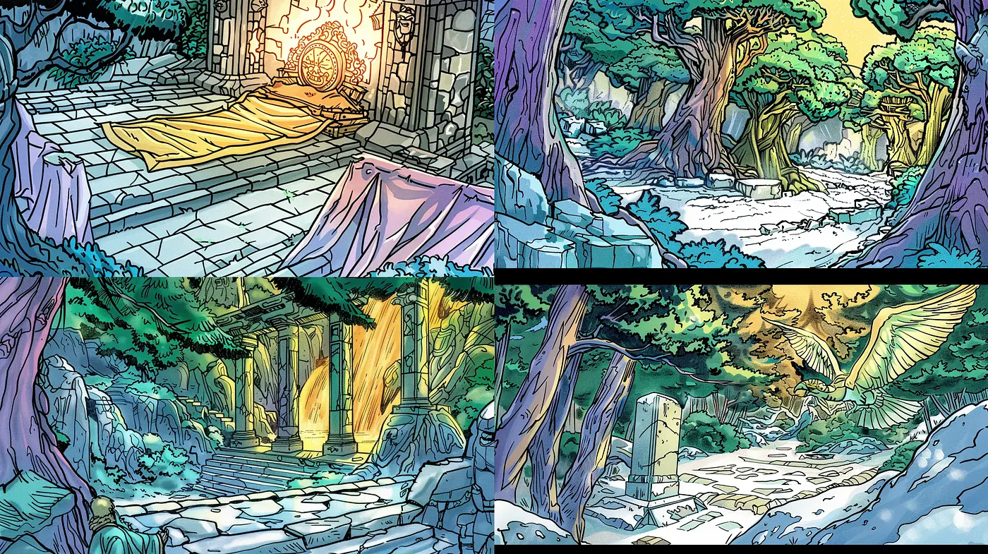 Enchanted Forests and Ruins: A Comic Book-Inspired Exploration of Mythical Landscapes - Midjourney sref style