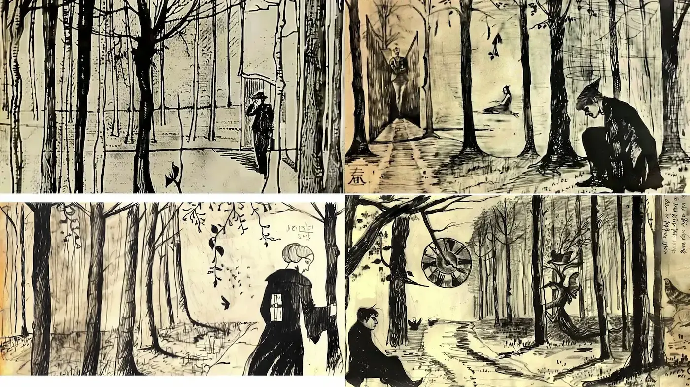 A Harmonious Blend of Nature and Solitude in a Vintage Artistic Style - Midjourney sref style