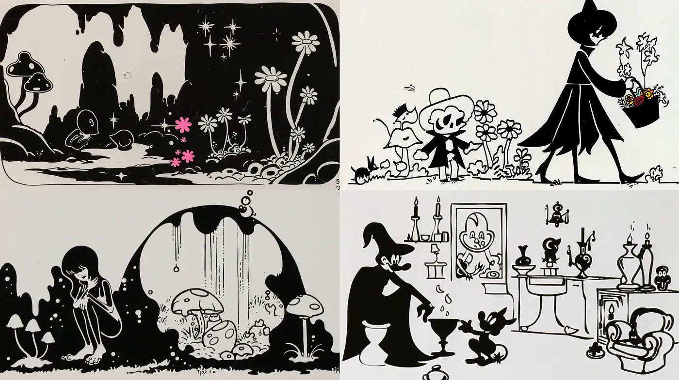 Monochromatic Whimsy: A Homage to Classic Animation with a Modern Flair - Midjourney sref style
