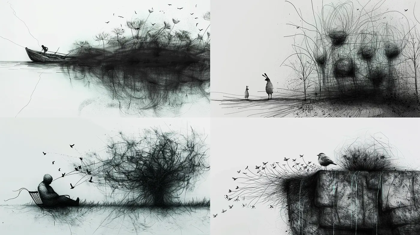 Ethereal Monochrome Vignettes with Surrealist Undertones - Midjourney sref style