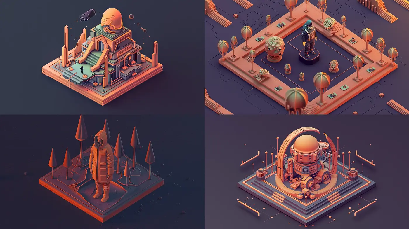 Stylized Isometric Visions in Dusk Tones - Midjourney sref style