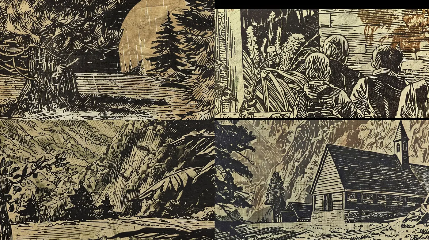 Woodcut Nostalgia: Engraved Memory Shades - Midjourney sref style