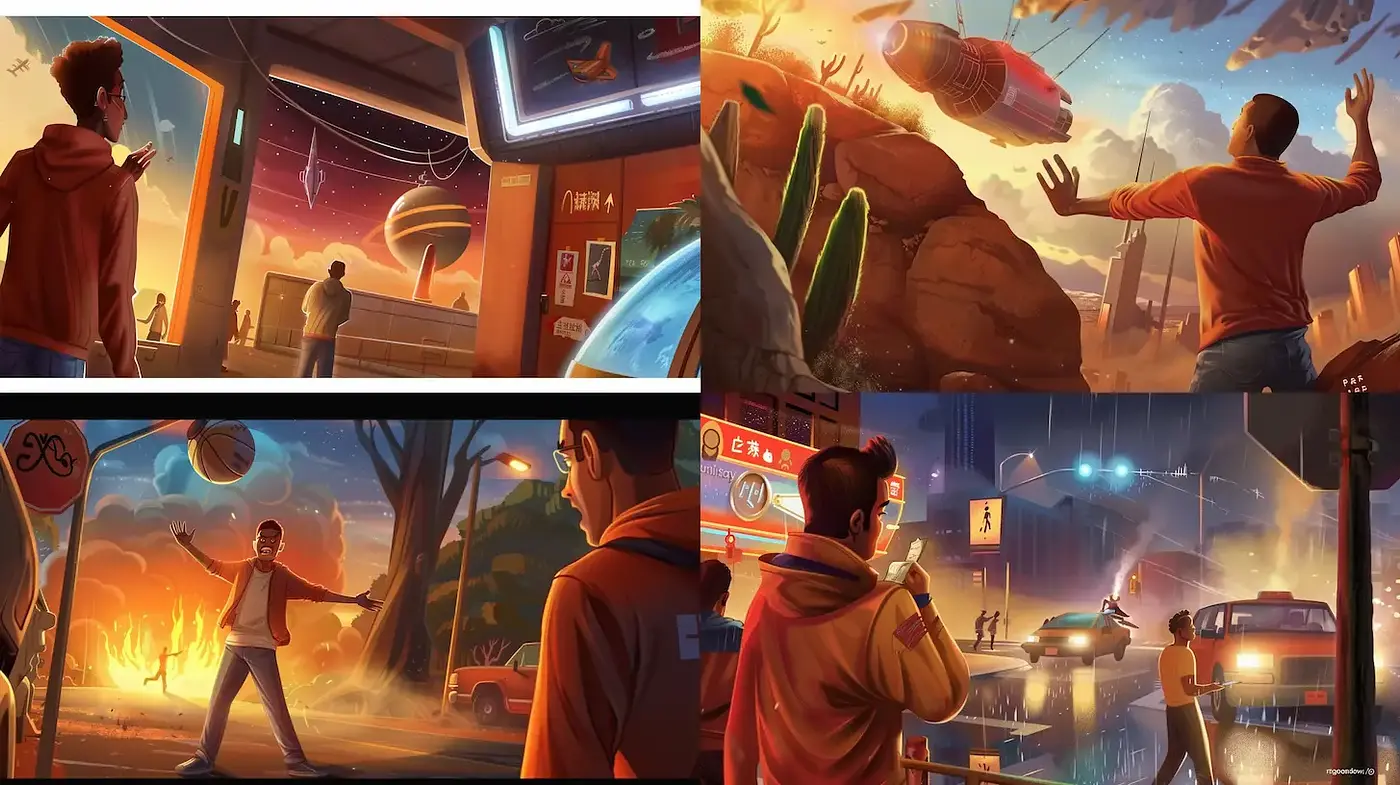Futuristic & Dreamlike Adventure Scenes with Warm and Cool Tones - Midjourney sref style